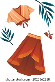 Vector Illustration. Cartoon Style Flatlay Composition Of Summer Outfit. Female Fashion Clothes On White Background. Short Top, Long Skirt, Sunglasses And Palm Leaves