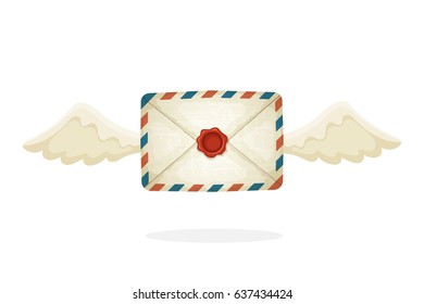Vector illustration in cartoon style. Flying closed vintage mail envelope from old paper with wax seal and wings. Not read incoming message. Decoration for greeting cards, prints for clothes, posters