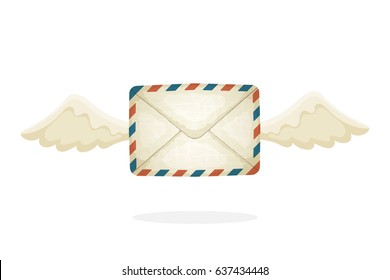 Vector illustration in cartoon style. Flying closed vintage mail envelope from old paper with wings. Not read incoming message. Decoration for greeting cards, prints for clothes, posters