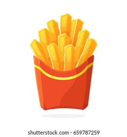 Vector illustration in cartoon style. French fries in a paper red pack. Unhealthy food. Decoration for patches, prints for clothes, badges, posters, emblems, menus