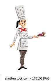 Ilustración vectorial al estilo de las caricaturas de una amigable chef parada y sonriente. Ella está mostrando un plato recién cocinado.
