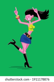 Vektorgrafik im Cartoon-Stil, von einem lustigen Charakter einer kaukasischen Frau mit langen Haaren, die bunte und verführerische Kleidung trägt und auf einem isolierten grünen Hintergrund tanzt