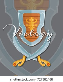 Vector illustration cartoon style game design crossed sabers and shield elements with lettering and shadows on grey background isolated