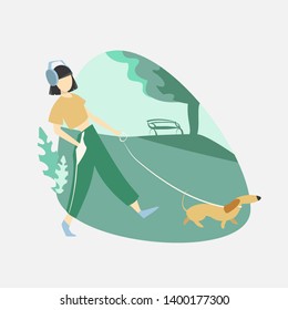 
Vector illustration in cartoon style, girl in music science walking through the park with a dog.