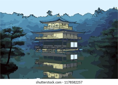 Vector Illustration, in cartoon style, of The Golden Pavilion - Kyoto, Japan.
