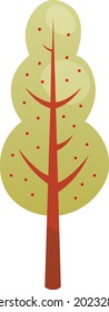 Vector Illustration In Cartoon Style With Gradients. Stylized High Tree On White Background. Tree With Brown Trunk And Green Leaves Mass With Berries