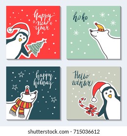 Vector illustration in cartoon style greeting cards Happy New Year and Merry Christmas