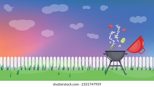 Vector illustration in cartoon style of a grill on a white fence background. The evening sky behind the fence.