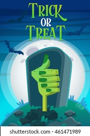 Vector illustration in cartoon style for Halloween. Trick or treat. Zombie crawls out of the grave. Night background.
