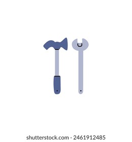 Vector illustration in cartoon style with hammer and wrench. Ideal for retro 70s and 80s style stickers. Tools for construction work are depicted in a flat design on an isolated background.