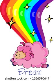 Vector illustration. Cartoon style. Hand drawn. Colorful. Isolated vector elements. Sheep, rainbow, stars and text "Dream". Great for postcard, invitation card, design, textile, room decor.