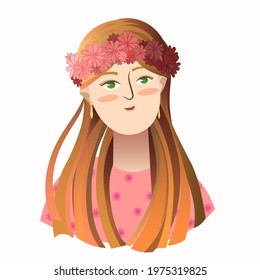 vector illustration, cartoon style, hand drawn, cute young girl, long red hair, red lower wreath, in summer pink dress, spring, youth, beauty, feminine materials, brochure, portrait 

