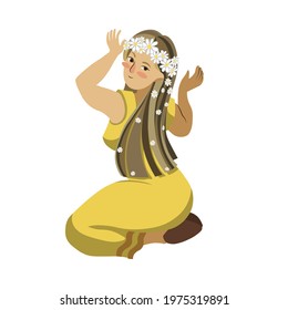vector illustration, cartoon style, hand drawn, cute playful young girl long brown hair, tanned skin, in flower wreath sits in summer yellow dress, summer theme, female, girly things, youth, beauty
