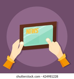 vector illustration of cartoon style hands holding a tablet with news text, purple background