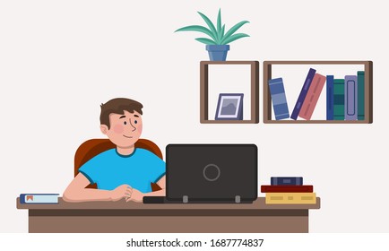 vector Illustration in cartoon style. Happy smiling boy with brown hair studying online with laptop. Student in blue t-shirt use notebook for distance education. Concept of homeschooling, e-learning