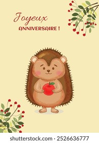 Vector illustration in cartoon style of a happy birthday card with a hedgehog with an apple in its paws in the autumn theme.