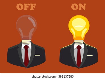 Vector illustration. Cartoon style. Human with light bulb in stead of his head. Concept of idea. Eureka !