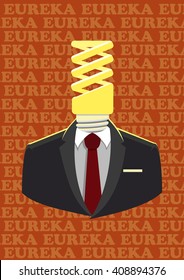 Vector illustration. Cartoon style. Human with light bulb in stead of his head. Concept of idea. Eureka !