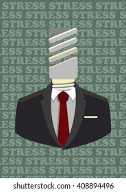 Vector illustration. Cartoon style. Human with light bulb in stead of his head. Concept of idea. Stress, crisis!