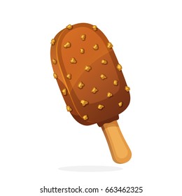 Vector illustration in cartoon style. Ice cream choc-ice with nuts. Ice lolly with chocolate glaze. Decoration for menus, signboards, showcases, prints for clothes, posters, wallpapers