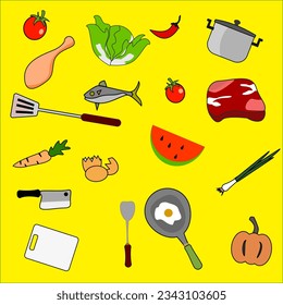 Vector illustration, cartoon style, kitchen utensils, food, vegetables, meat, cooking ingredients flat lay on yellow background