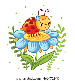 Vector illustration in cartoon style. Ladybug sitting on a flower. Cute insect in the flowers.