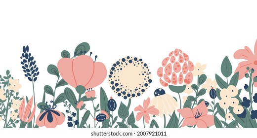 Vector illustration in  cartoon style with leaves and flowers  with place for text. Horizontal template for websites, event invitations, greeting cards, advertising banners, poster. Flower designs