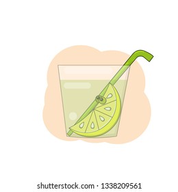 vector illustration in cartoon style of a lemon slice with bulging eyes lies in a glass with juice and a green straw on the background of a beige figure.