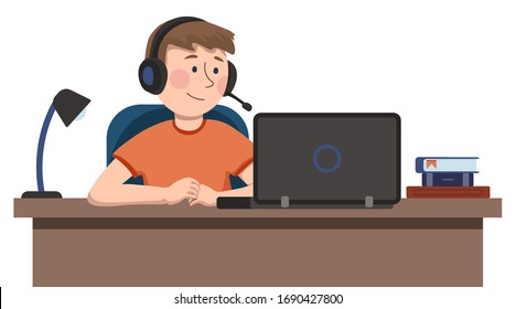 vector Illustration in cartoon style. light brown hair pupil studying on notebook at home. Student in headphone and microphone use laptop for taking online courses. quarantine homeschooling Concept