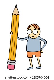 Vector illustration of cartoon style little kid holding a big pencil isolated on white background