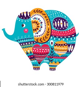 Vector illustration in cartoon style. Lovely cute Elephant. Baby birth card with Elephant