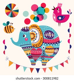 Vector illustration in cartoon style. Lovely cute Elephant. Baby birth card with Elephant