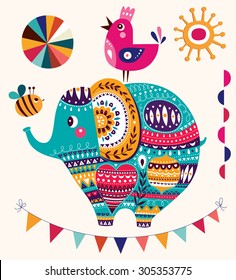 Vector illustration in cartoon style. Lovely cute Elephant. Baby birth card with Elephant