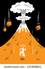 Vector illustration, cartoon style, of a man running away from an erupting volcano. Humorous illustration.