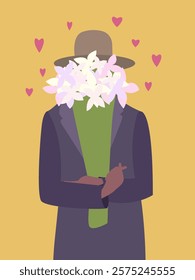 Vector illustration in cartoon style. A man gives flowers. A man covers his face with a bouquet.Valentine's Day ,Happy birthday card.A man in love gives flowers.