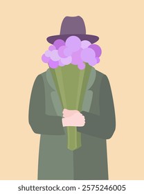 Vector illustration in cartoon style. A man gives flowers. A man covers his face with a bouquet.Valentine's Day ,Happy birthday card.A man in love gives flowers.