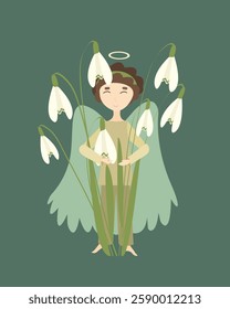 Vector illustration in cartoon style. A man with dark skin holds a bouquet of snowdrops on a dark backgrond. Spring illustration, postcard, greetings with spring holidays, Mother's Day, Women's Day, M