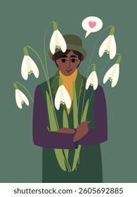 Vector illustration in cartoon style. A man with dark skin holds a bouquet of snowdrops. Spring illustration, postcard, greetings with spring holidays, Mother's Day, Women's Day, March 8