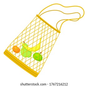 Vector illustration in cartoon style with mesh net eco bag with banana, apple, pear, orange inside. Save nature, ecofriendly concept. String bag for repeated use, without waste. No plastic concept