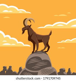 Ilustración vectorial, estilo caricatura, de una cabra de montaña parada en una roca, en un paisaje montañoso con cielo y nubes.