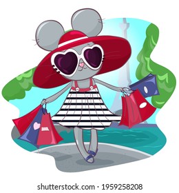 Vector illustration in cartoon style, mouse girl with purchases, shopping in Paris. Mouse Parisian in a striped dress with bags