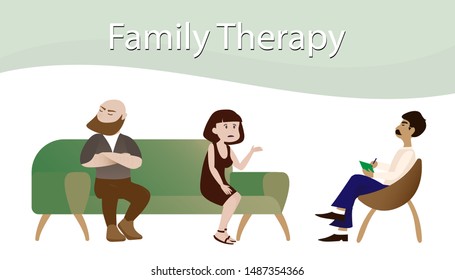 Vector illustration in a cartoon style on the topic of a session (family therapy) with a family psychologist who listens to his wife’s problems, and the husband does not agree at this moment.