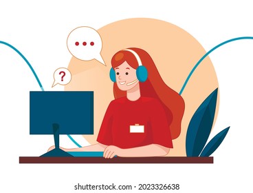 Vector Illustration In Cartoon Style On Call Center And Phone Support Concept. Online Help Ideas. Stylized Female Character Sitting At Desk. Desktop Computer, Headphones, Dialogue