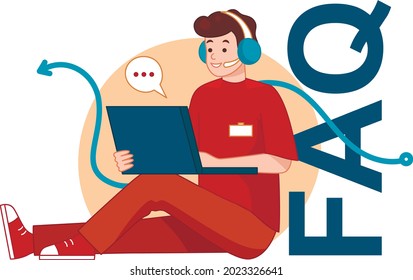 Ilustración De Vectores En Estilo De Caricatura En El Centro De Llamadas Y El Concepto De Soporte Telefónico. Ideas más frecuentes de la Ayuda en línea. Personaje masculino estilizado con audífonos sentados cerca de letras grandes con portátil