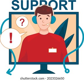 Vector Illustration In Cartoon Style On Call Center And Phone Support Concept. Online Help Ideas. Stylized Male Character Wearing Headphones Showing From Computer Screen Smiling