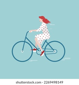 vector illustration in a cartoon style on a blue background, a red-haired girl in a polka-dot dress rides a green bicycle bicycle