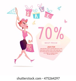 Vector illustration in cartoon style on the subject of Sales in the store. Woman with a shopping bag.
