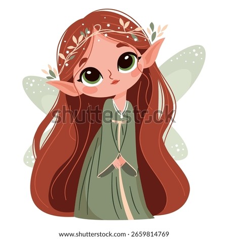 Vector illustration in cartoon style on a white background. A cute fairy with long hair in a green dress.