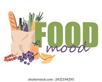 Ilustración vectorial en estilo de dibujos animados de una bolsa de papel llena de verduras orgánicas naturales y frutas y otros productos. marco para texto.