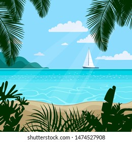Vector illustration in cartoon style of paradise island on a sunny day. Suitable for parallax, animation.